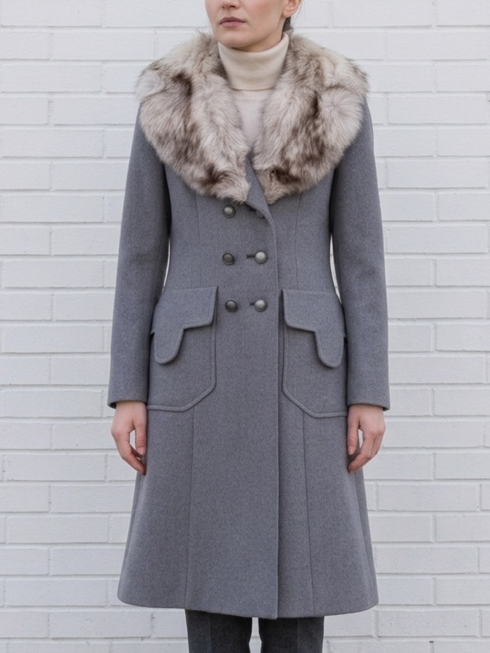 Vintage 1970s Grey Virgin Wool Fox Fur Collar Princess Coat Mob Wife XS